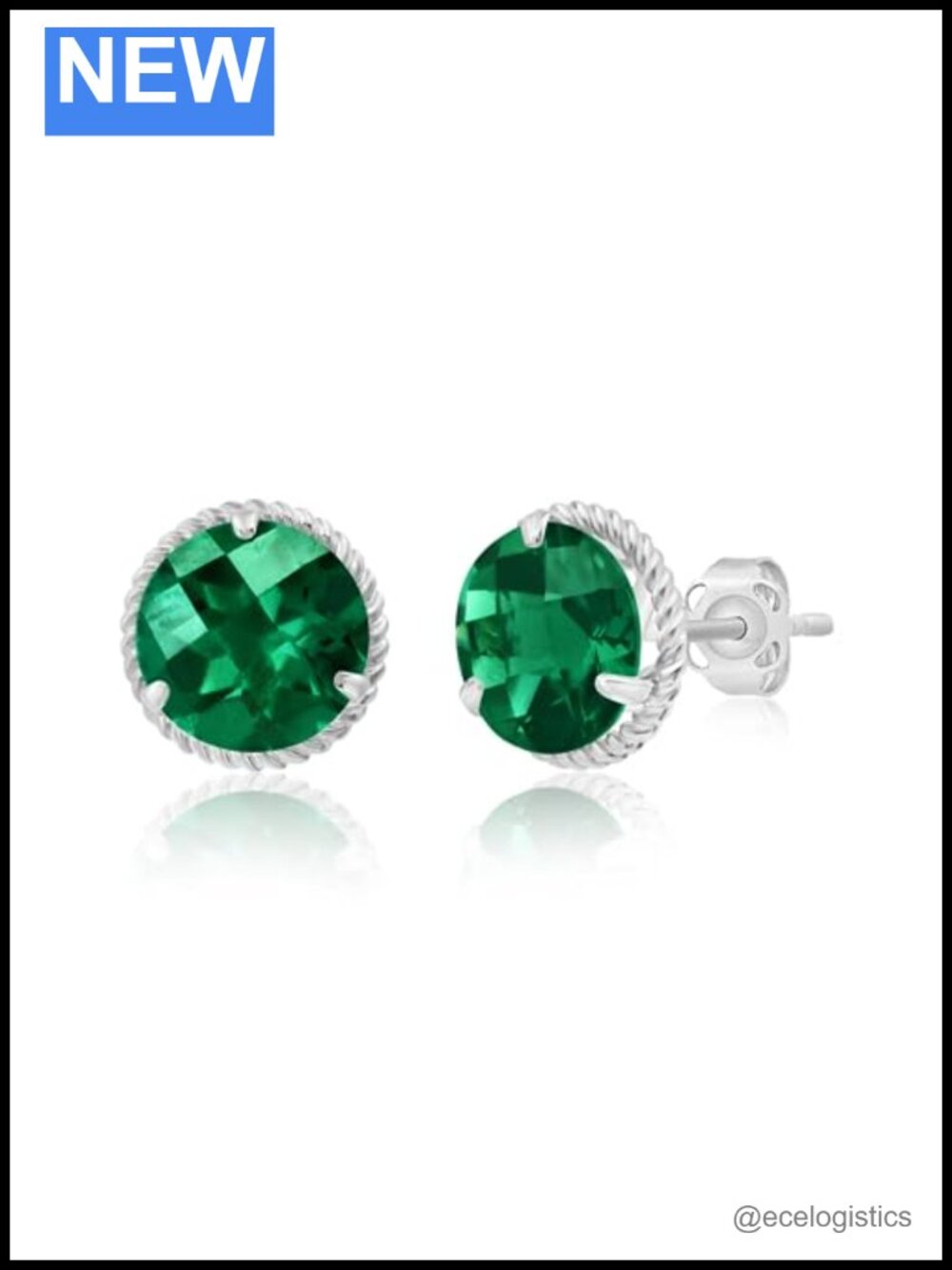 14K White Gold 8MM Created Emerald Stud Earrings Prong Set